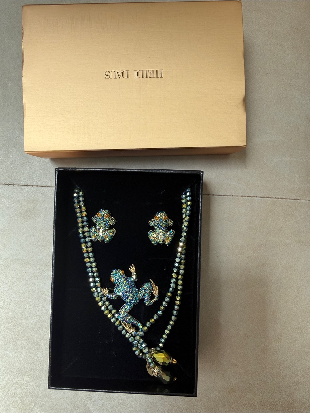 Heidi Daus Blue and Green Crystal Frog Necklace with Matching Earrings clip